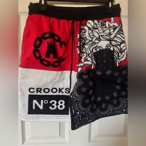 Crooks & Castles Red White Black Graphic Patchwork Shorts